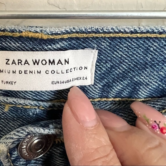 Zara High Rise Button Fly Straight Distressed Gem Bedazzled Raw Hem Denim Jeans - Picture 9 of 14